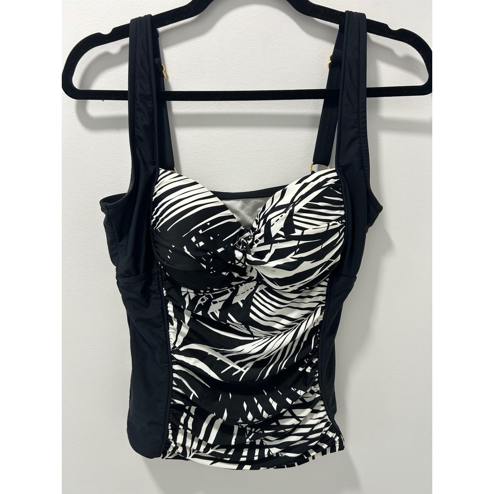 Maxine of Hollywood Tankini Top Black White Tropical Palm Ruched Size 12